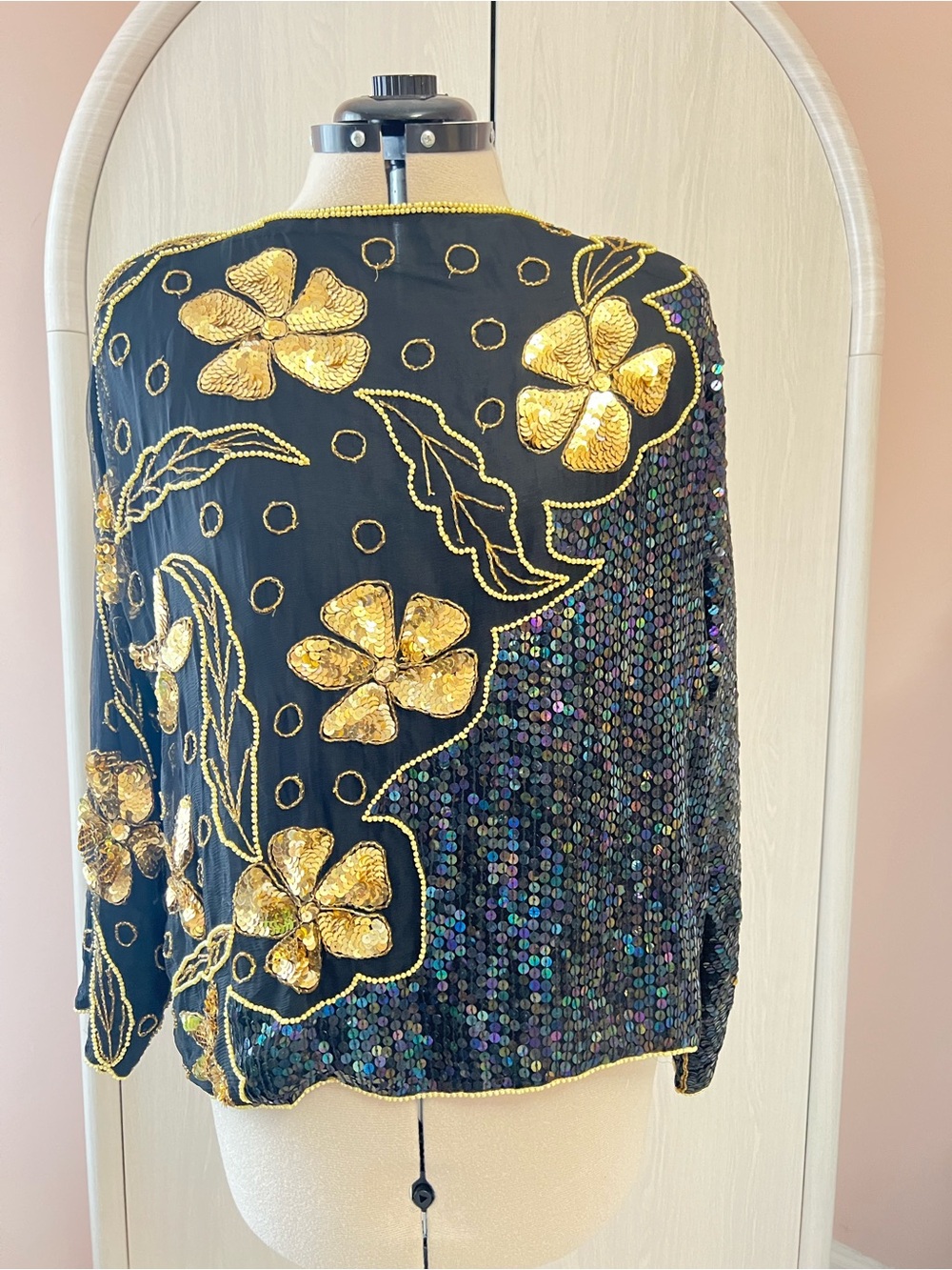 Vintage 1980s Black Silk Sequin Blouse with Gold Floral Embellishment, Size L